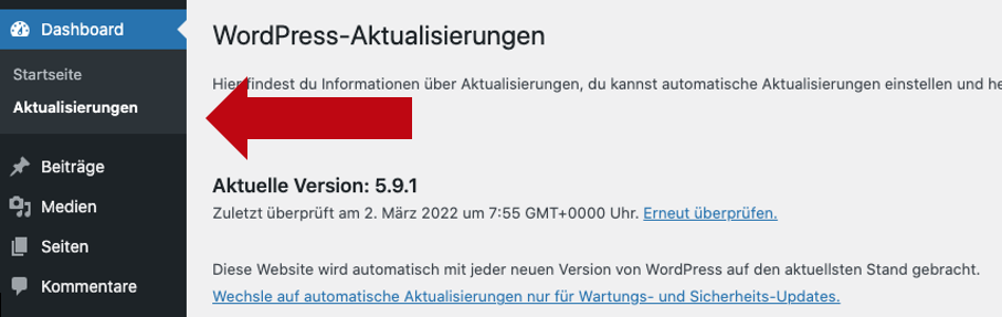 Menü Aktualisierung im WordPress Backend