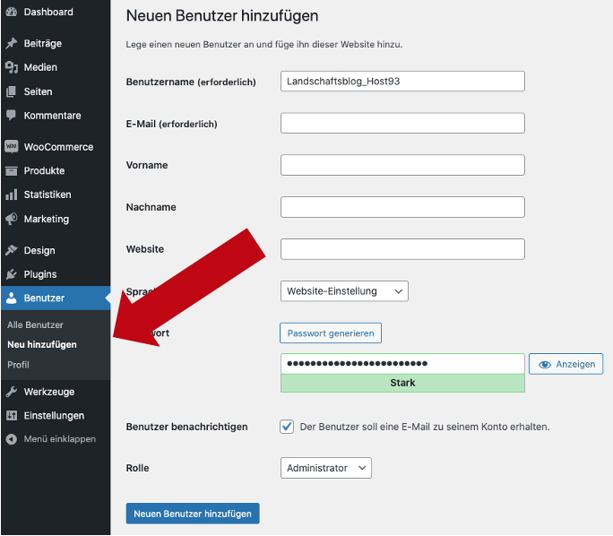 Benutzer hinzufügen im WordPress Backend