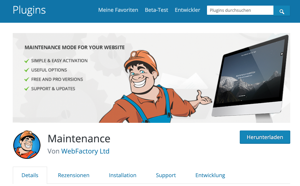 Aktivierung einer Wartungsseite mit dem Plugin Maintenance