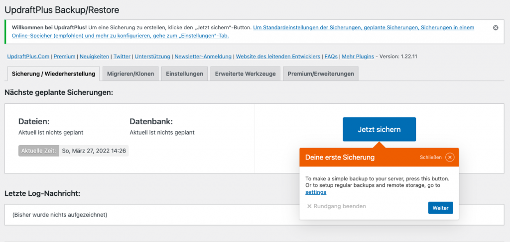 UpdraftPlus Installation und die erste Sicherung