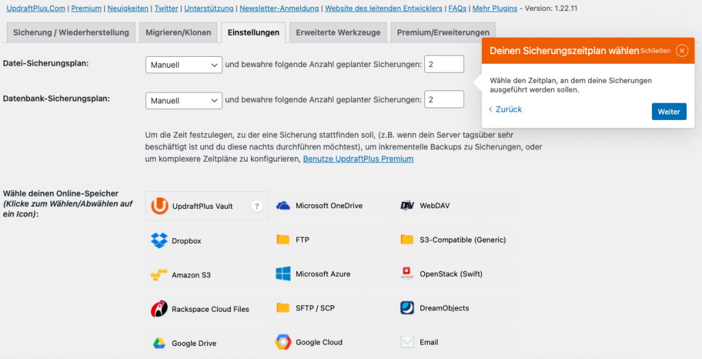 Backupplan in UpdraftPlus erstellen