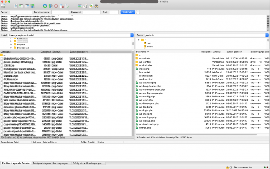 Fenster des Filezilla FTP-Programms