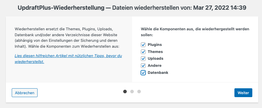 Wiederherstellungsmenü im Plugin UpdraftPlus