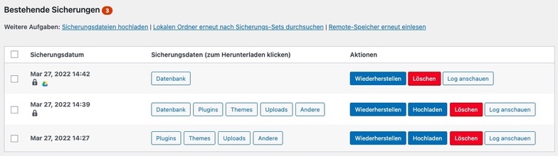 Backup in UpdraftPlus zur Wiederherstellung auswählen