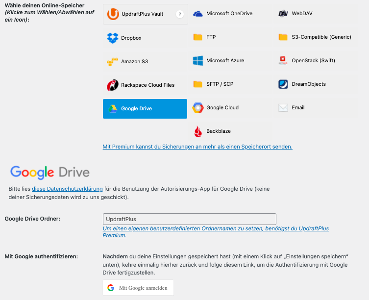 Online-Speicher für Backups in UpdraftPlus einstellen