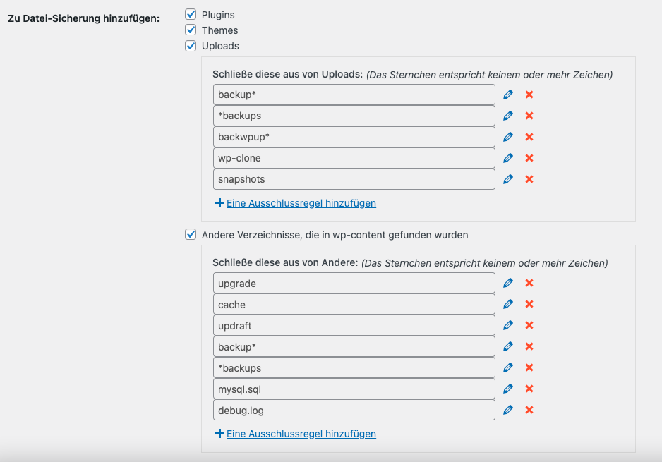 Zu sichernde Dateien in UpdraftPlus auswählen