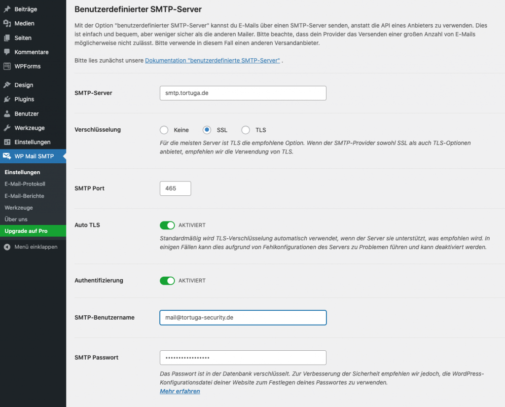 Manuelle Einrichtung WP Mail SMTP